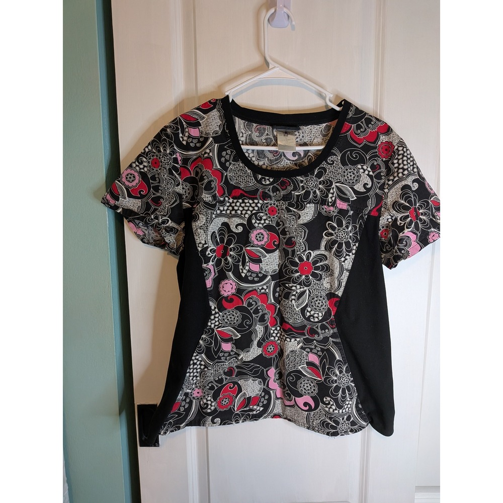 Cherokee Women Black Pink Floral Paisley Scrub Top 2983C Size L Short Sleeve